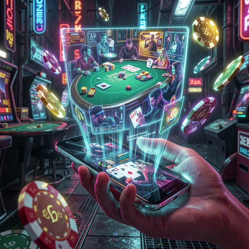 Futuristic casino scene with glowing coins and a holographic roulette wheel emerging from a smartphone showcasing the immersive 5Z GAME app