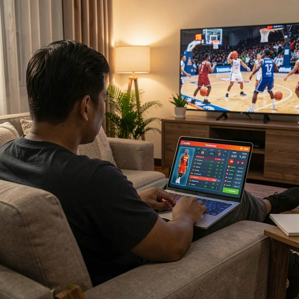 Focused Filipino sports bettor placing basketball bets on a laptop with 5Z GAME while watching a live game on TV in a cozy home setting