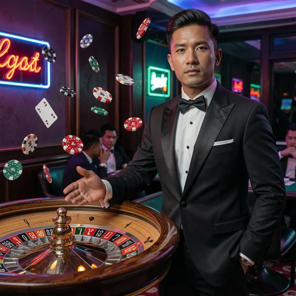Stylish casino dealer in a tuxedo surrounded by glowing chips and a roulette wheel highlighting the immersive live casino atmosphere at 5Z GAME for players in the Philippines