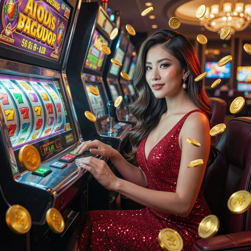 Elegant woman in a red dress playing a glowing slot machine surrounded by golden coins at 5Z GAME casino in the Philippines
